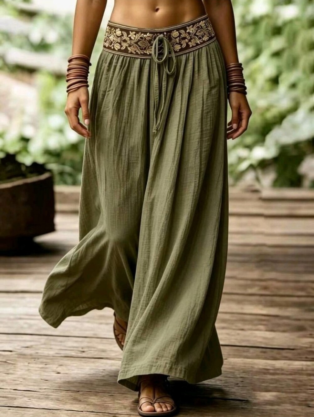 Women's Wavy Pleated Embroidered Floral Pattern Woven Waist Skirt - Picture 7 of 7